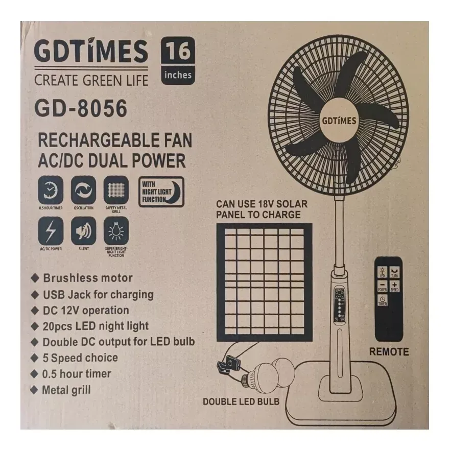 Ventilador Recargable Solar 16"Pulgadas GD-8056