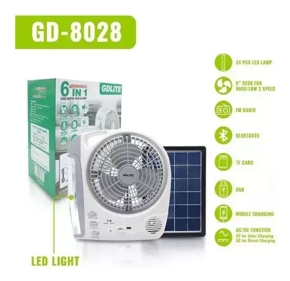 Ventilador Recargable Multifuncional Con Panel Solar GD-8028