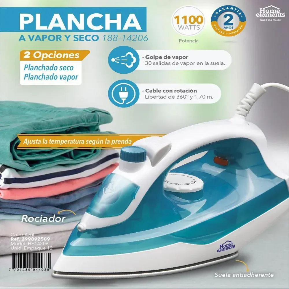 Plancha Home Element  A Vapor Y Seco Antiadherente Hepl-188