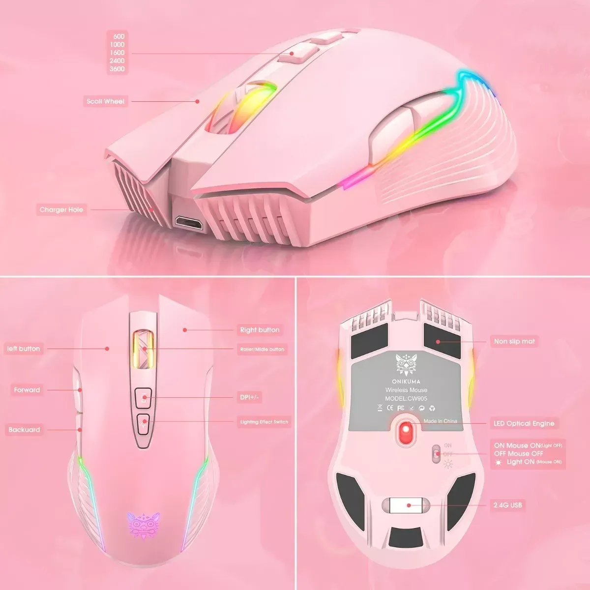 Mouse Onikuma Inalámbrico Recargable Rosa  Cw905