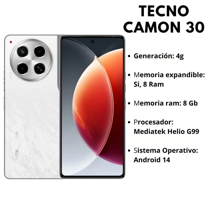 Celular Tecno Camon 30 8GB +8 256GB  Color Blanco + Obsequio