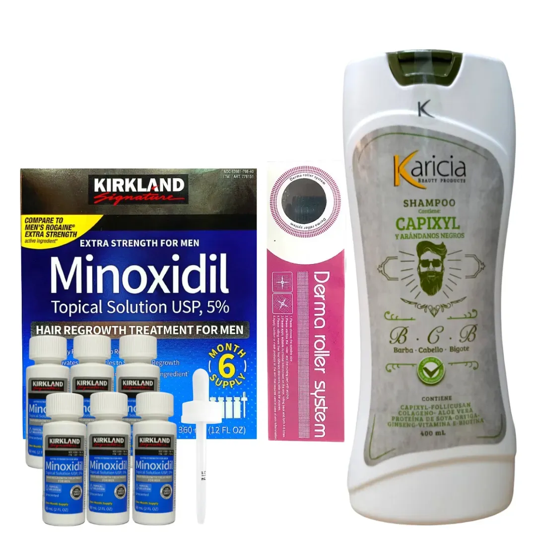 Caja Minoxidil 5% Kirkland x 6 Und + Dermaroller 0.5 + Shampoo Anti Caida Karicia