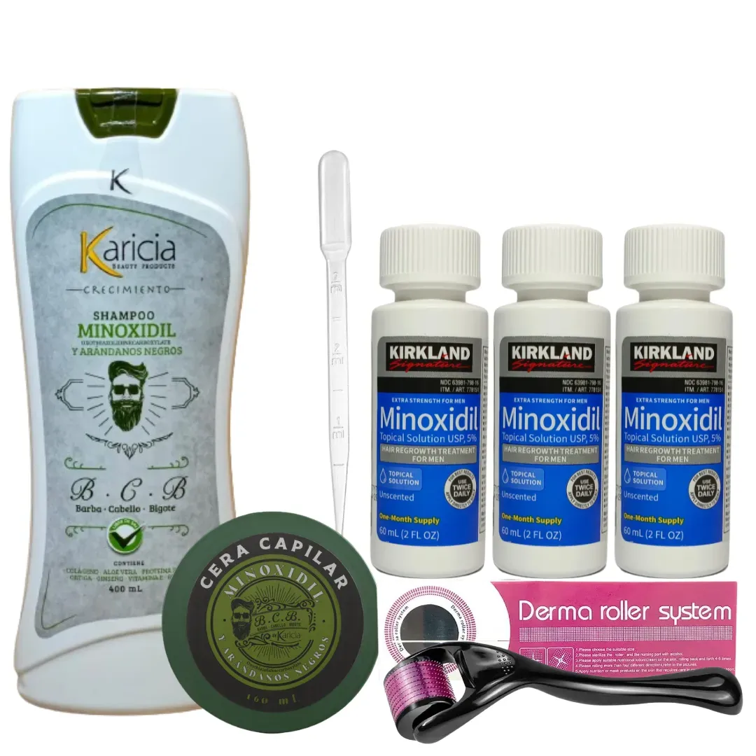 3 Und Minoxidil 5% Kirkland + Dermaroller + Shampoo Anti Caida Karicia + Crema para Peinar con Minoxidil