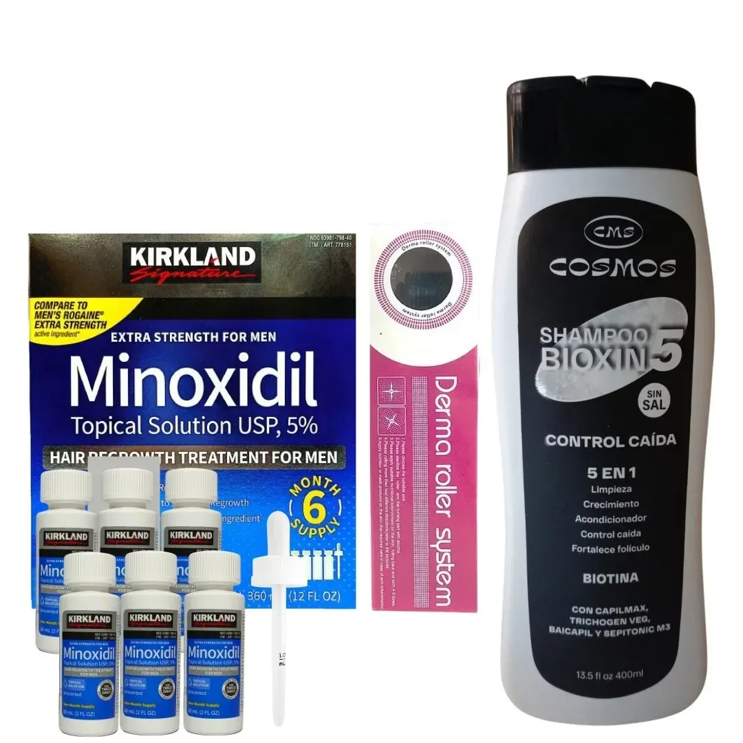 Kit Crecimiento Caja Completa minoxidil 5% + 1 dermaroller +1 Shampoo Crecimiento Bioxin 5