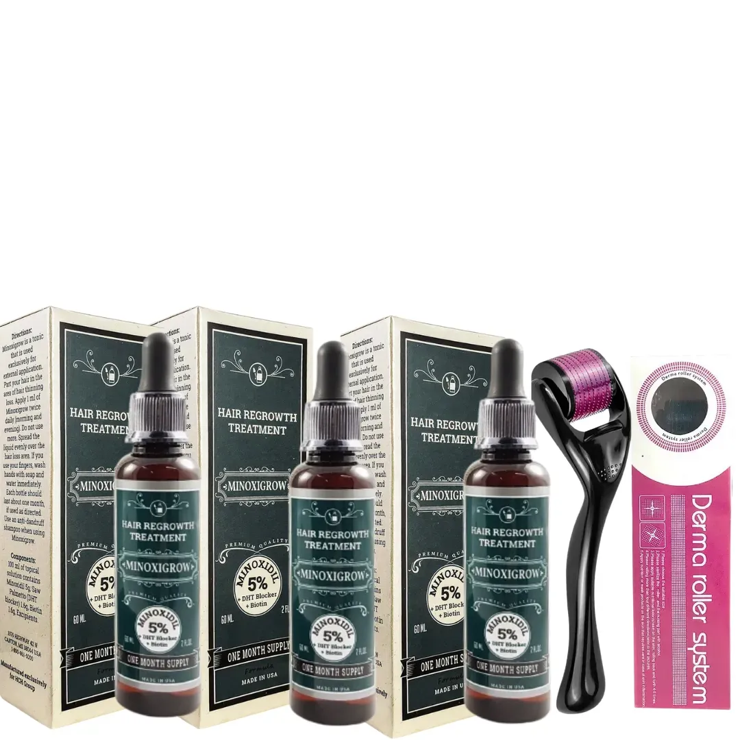 Minoxigrow Minoxidil 5% Biotina y Saw Palmetto x 3 Und + Dermaroller 0.5