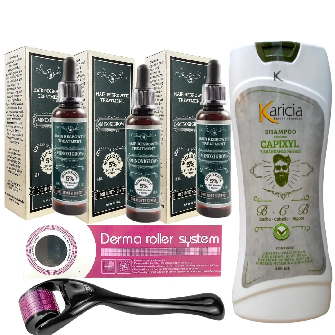 Minoxidil Engrosador x3 +  Dermaroller 0.5 + Shampoo Anti Caida Karicia