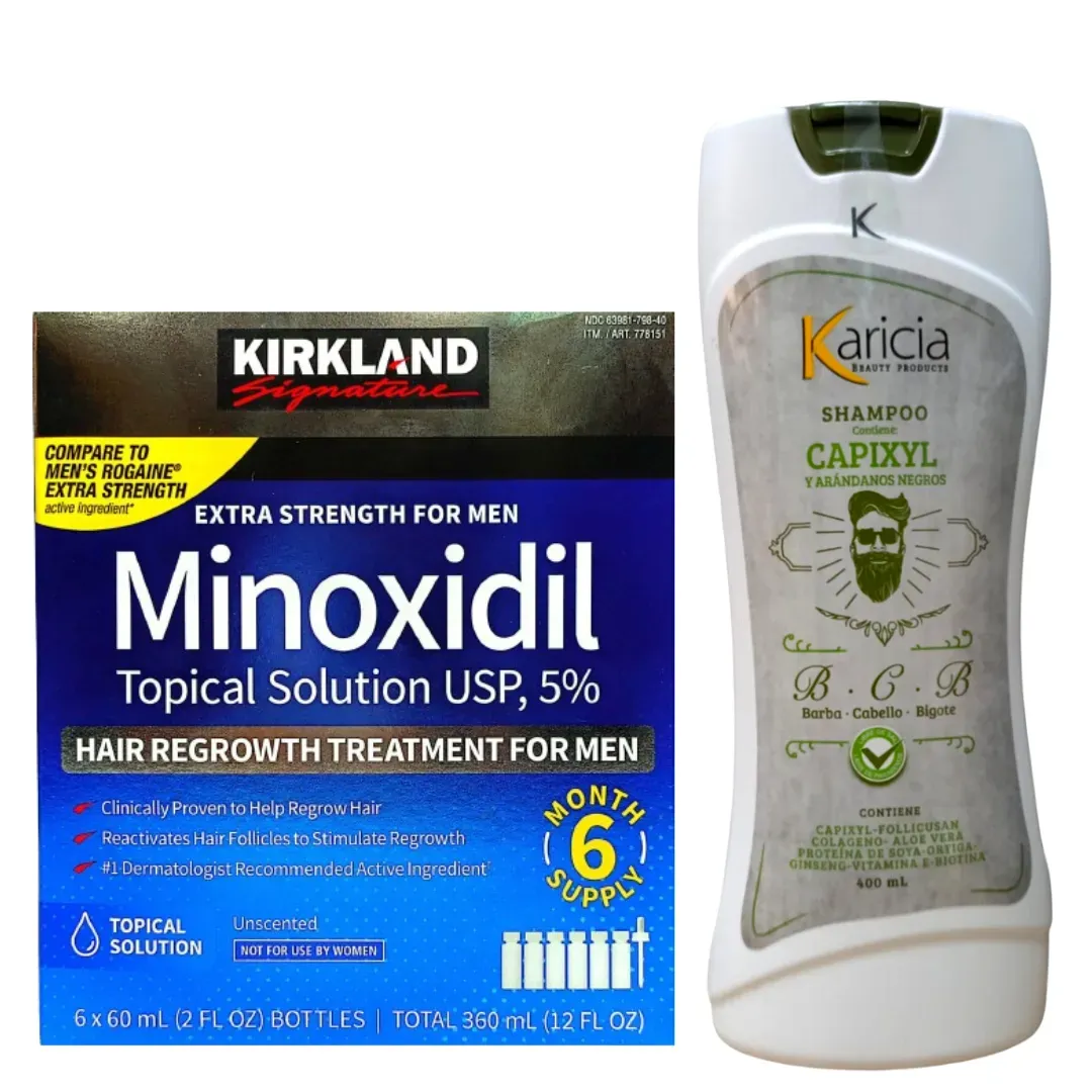 Caja Minoxidil 5% Kirkland x 6 Und+ Shampoo Anti Caida con Minoxidil 