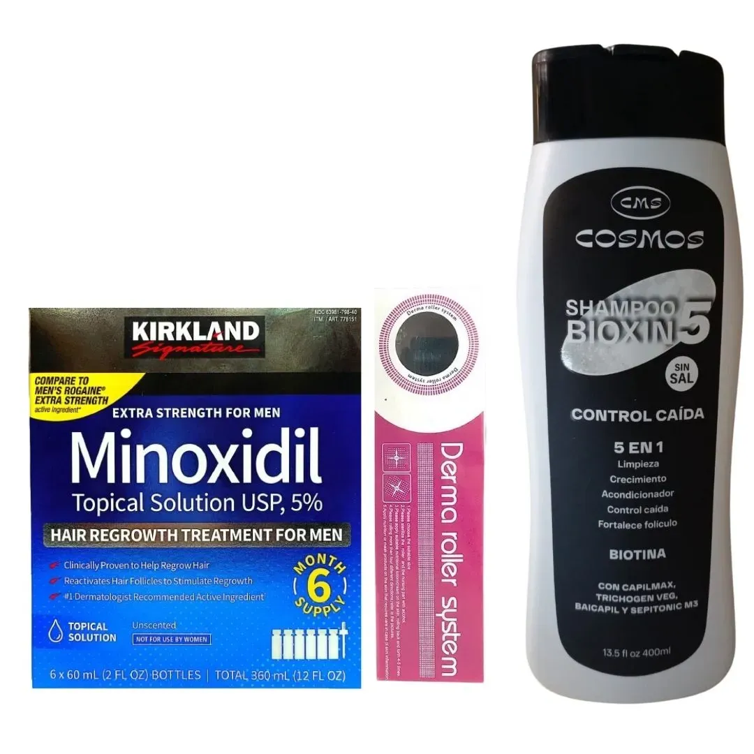 Kit Crecimiento Caja Completa minoxidil 5% + 1 dermaroller +1 Shampoo Crecimiento Bioxin 5