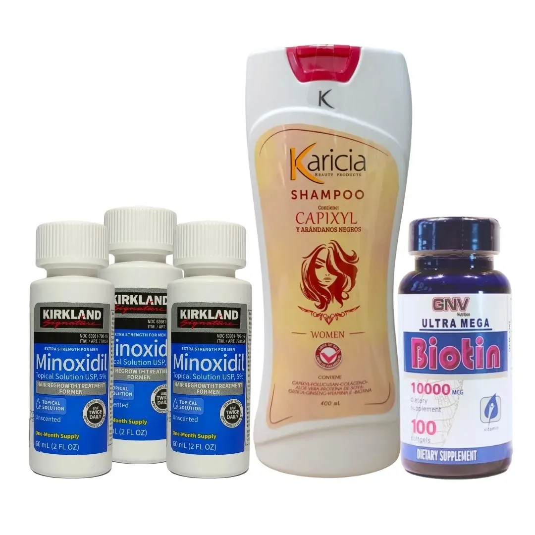 Kit Crecimiento 3 minoxidil 5% + Biotina Importada + 1 Shampoo Anti caída Karicia Mujer