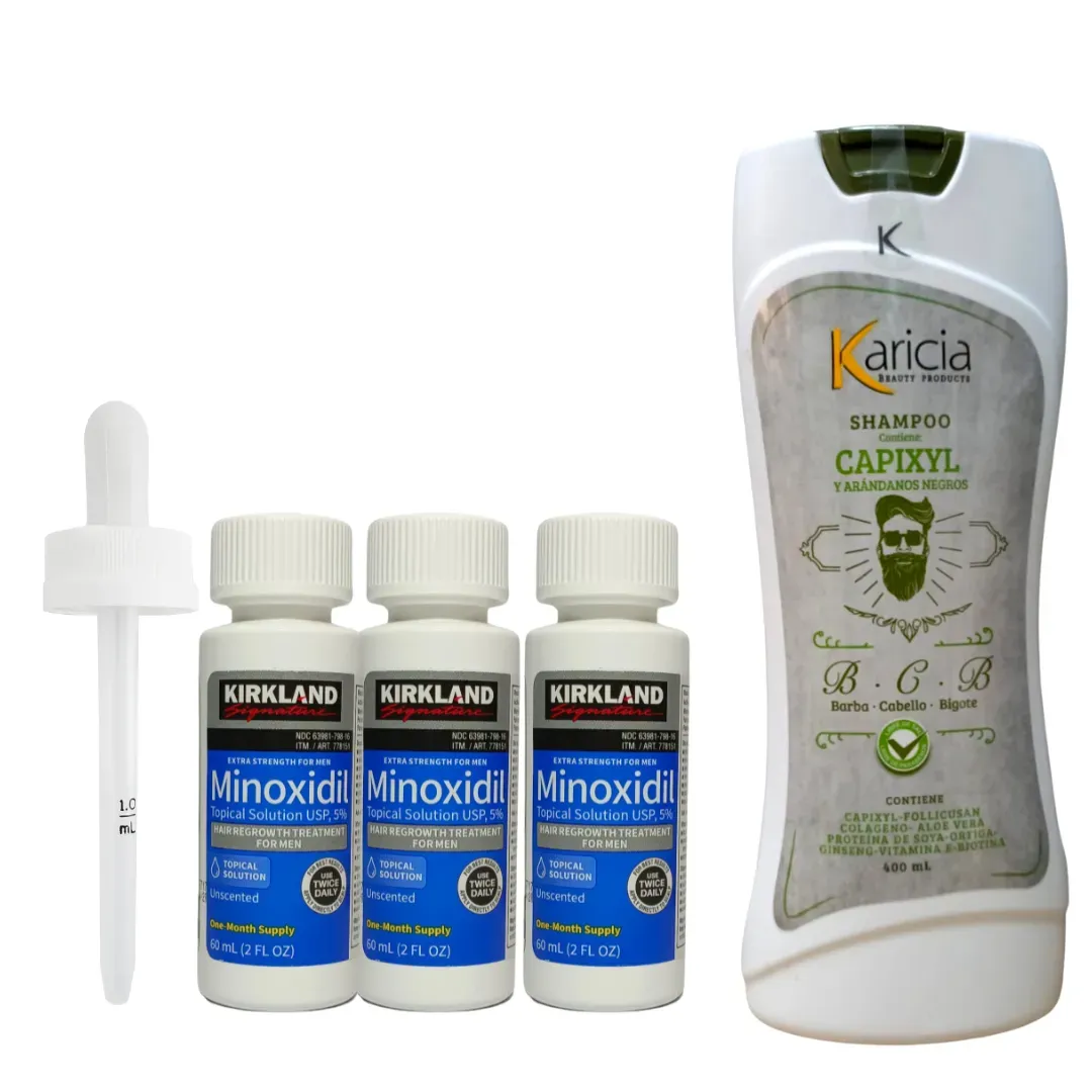 Minoxidil 5% Kirkland x 3 Und +  Shampoo Anti Caida con Minoxidil Karicia