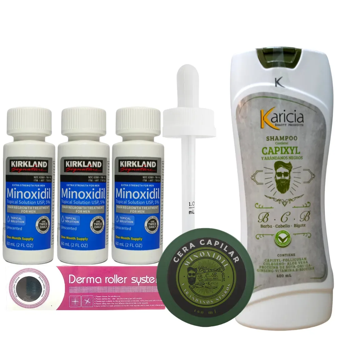 3 Und Minoxidil 5% Kirkland + Dermaroller + Shampoo Anti Caida Karicia + Crema para Peinar con Minoxidil