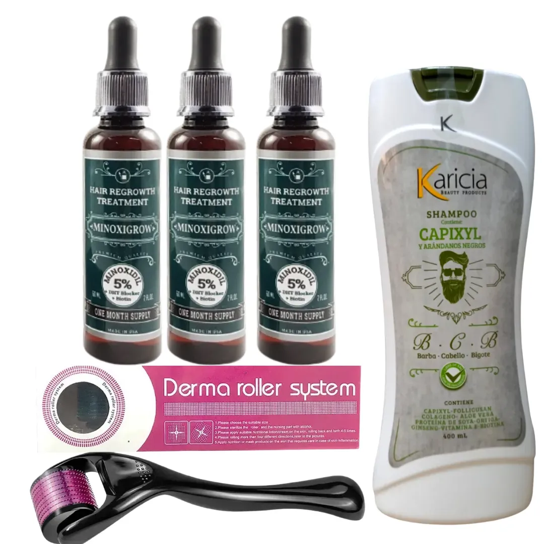 Minoxidil Engrosador x3 +  Dermaroller 0.5 + Shampoo Anti Caida Karicia