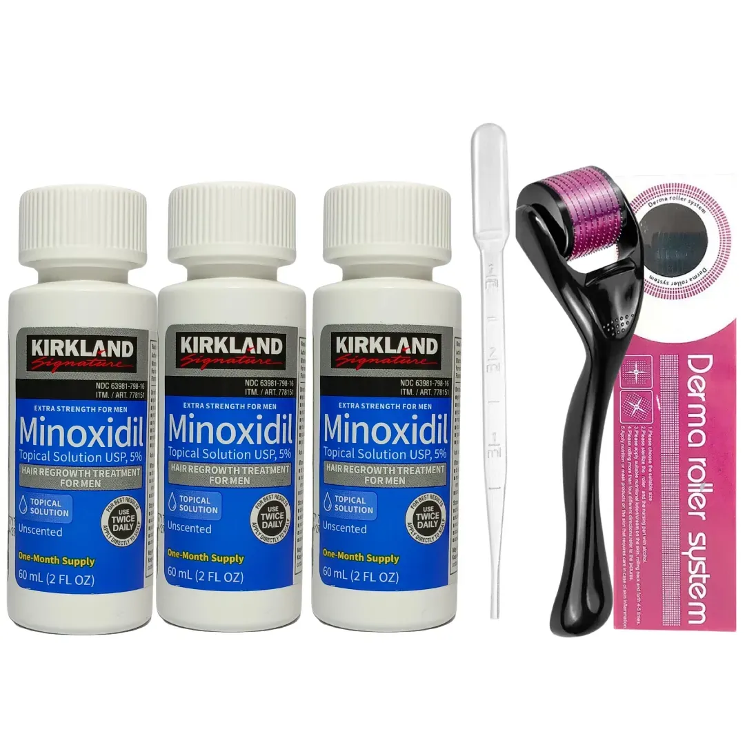 Minoxidil 5% Kirkland x3 Unidades  y Dermaroller 0.5