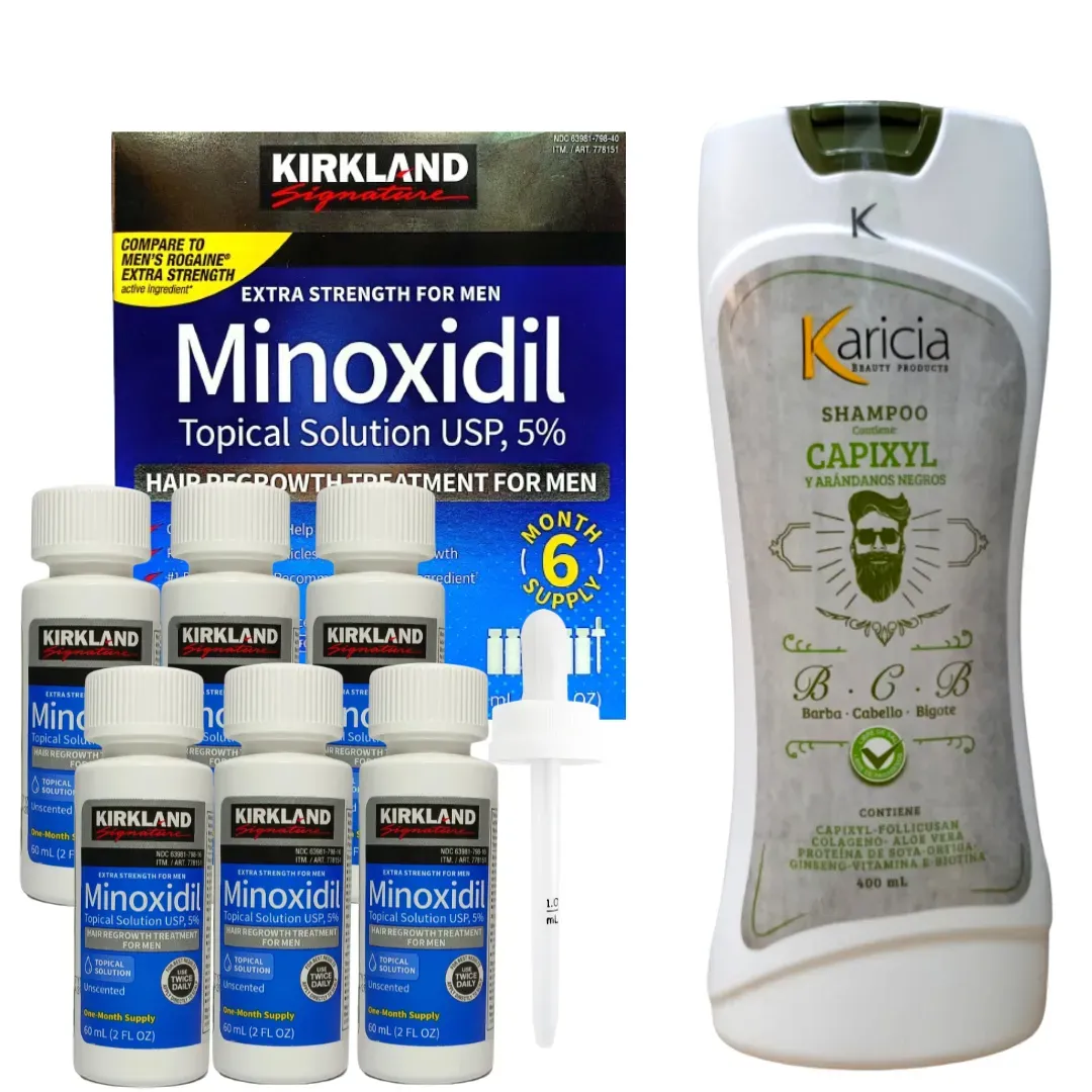 Caja Minoxidil 5% Kirkland x 6 Und+ Shampoo Anti Caida con Minoxidil 