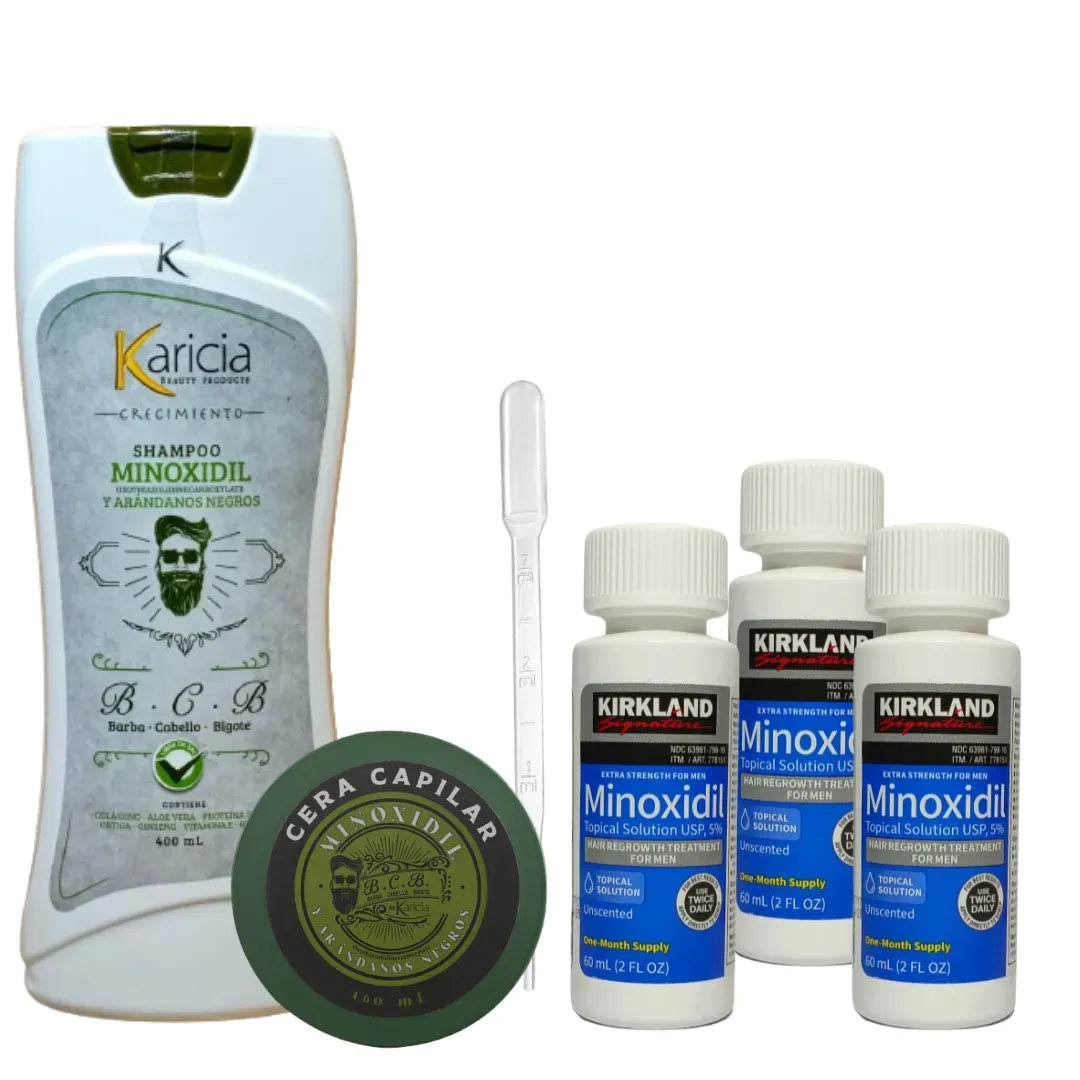 3 Und Minoxidil 5% Kirkland + Shampoo Anti Caida Karicia +  Crema para Peinar con Minoxidil