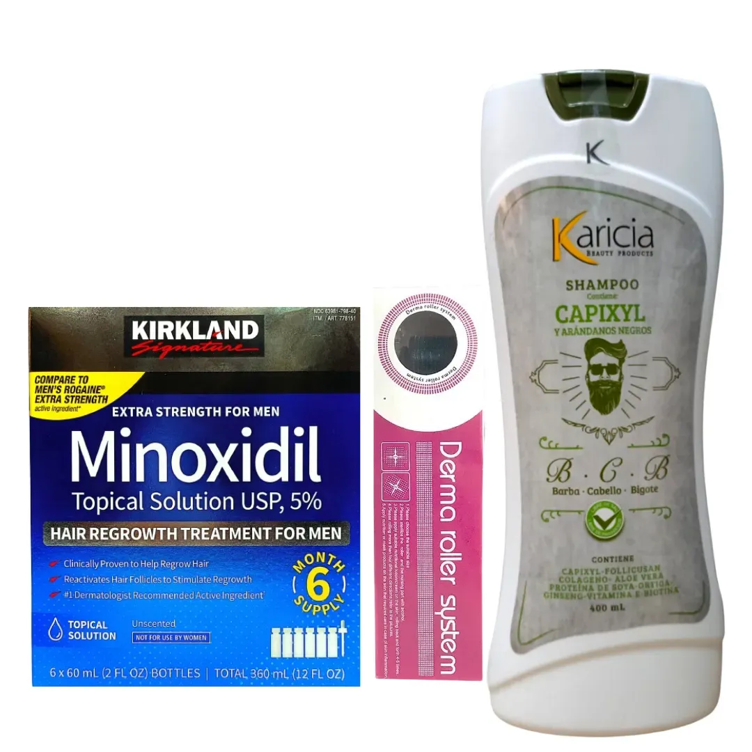 Caja Minoxidil 5% Kirkland x 6 Und + Dermaroller 0.5 + Shampoo Anti Caida Karicia