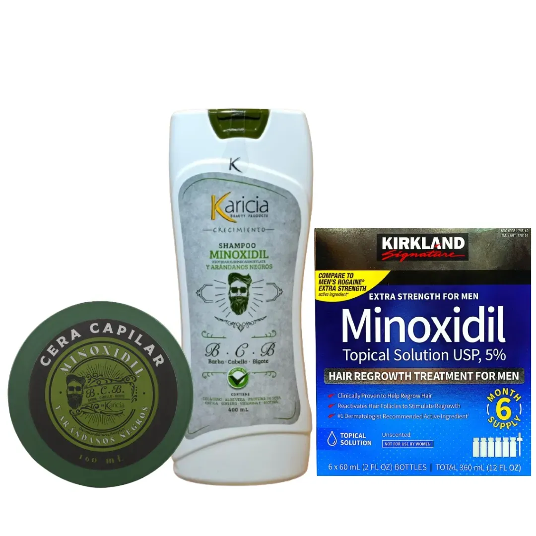 Caja Minoxidil Kirkland x 6 Und + Shampoo Anti Caida Karicia + Crema para Peinar con Minoxidil