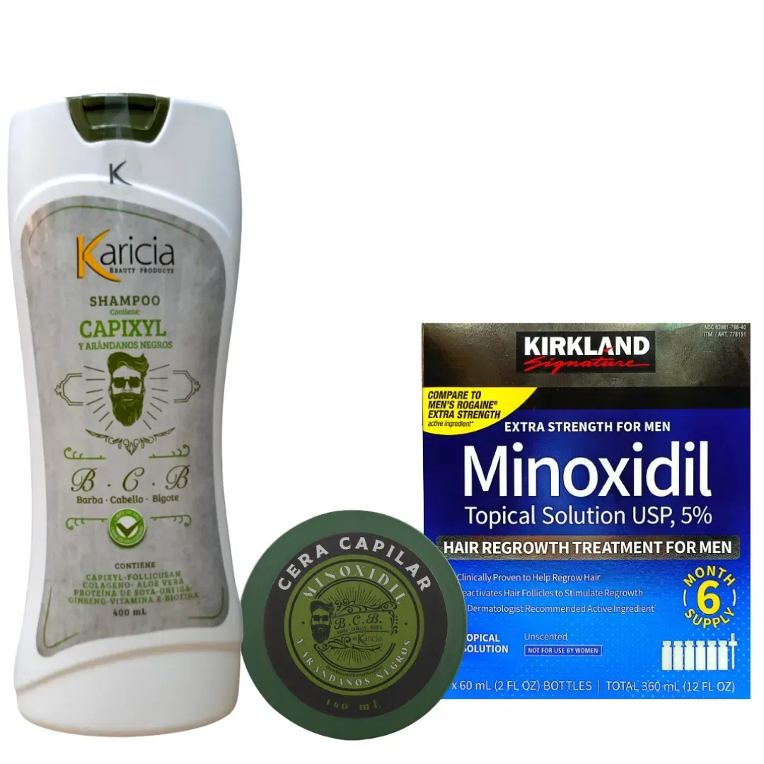 Caja Minoxidil Kirkland x 6 Und + Shampoo Anti Caida Karicia + Crema para Peinar con Minoxidil