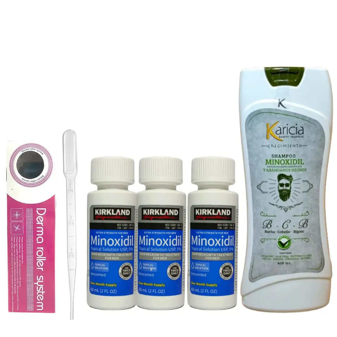 Minoxidil 5% Kirkland x 3 Und +  Dermaroller 0.5 + Shampoo Anti Caida Karicia