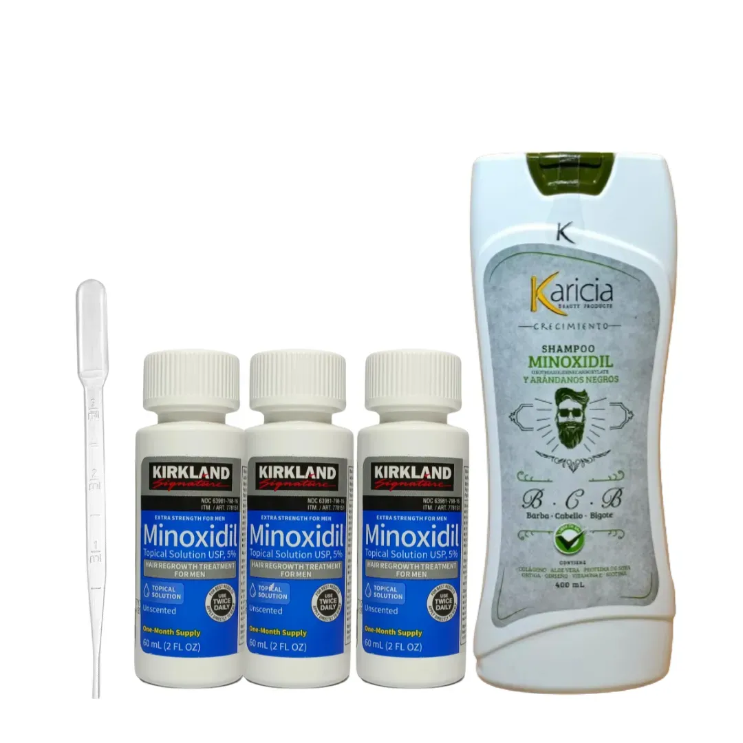 Minoxidil 5% Kirkland x 3 Und +  Shampoo Anti Caida con Minoxidil Karicia