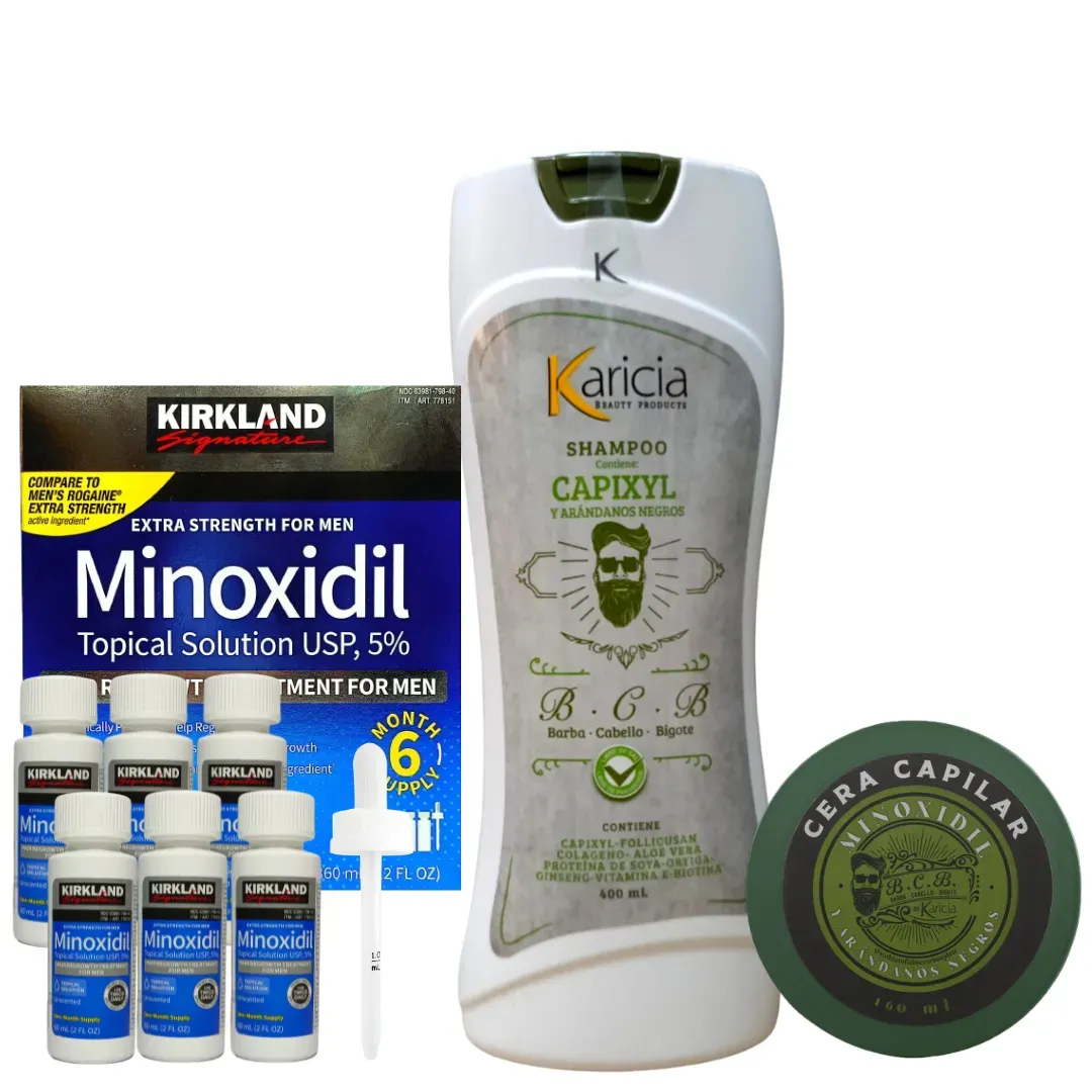 Caja Minoxidil Kirkland x 6 Und + Shampoo Anti Caida Karicia + Crema para Peinar con Minoxidil