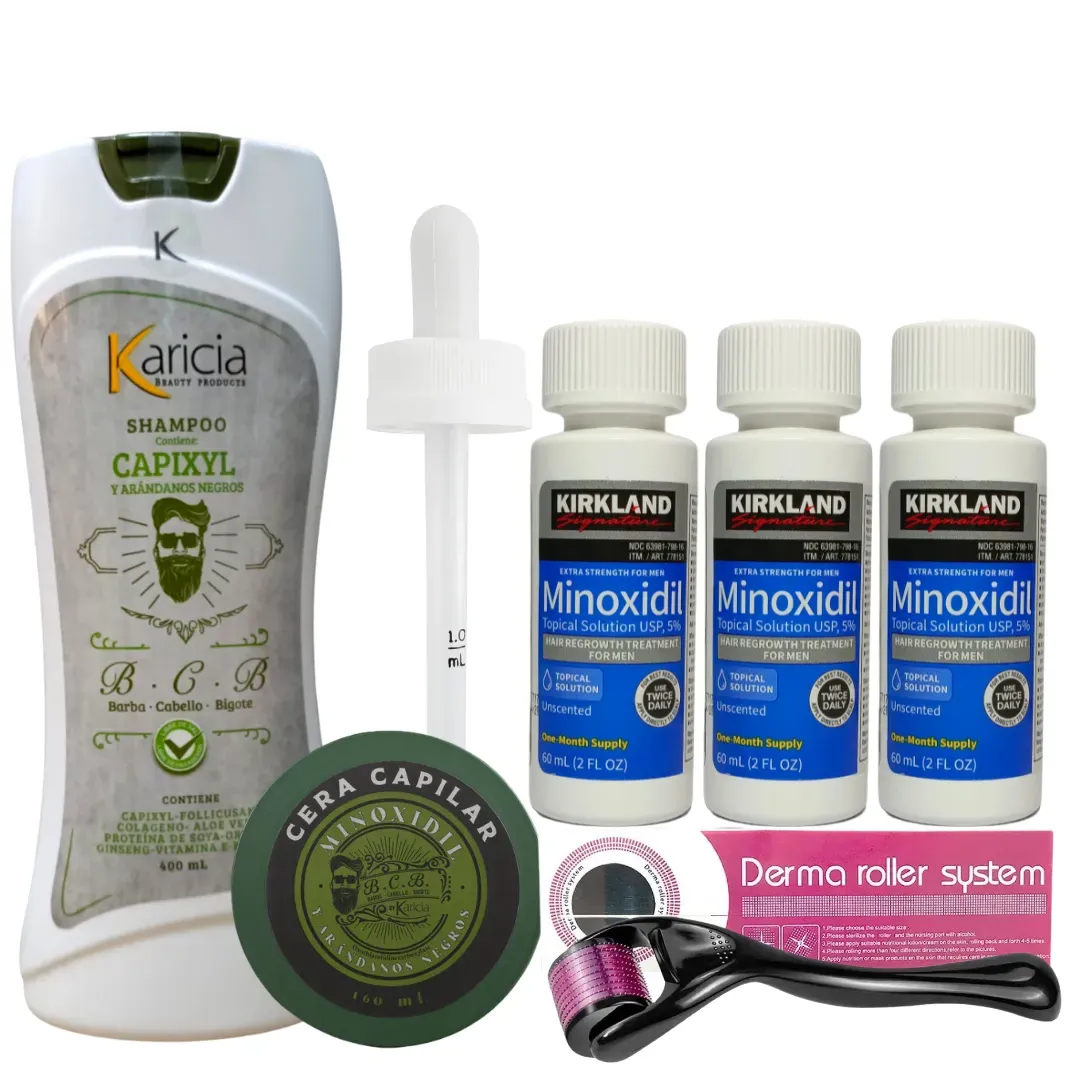 3 Und Minoxidil 5% Kirkland + Dermaroller + Shampoo Anti Caida Karicia + Crema para Peinar con Minoxidil