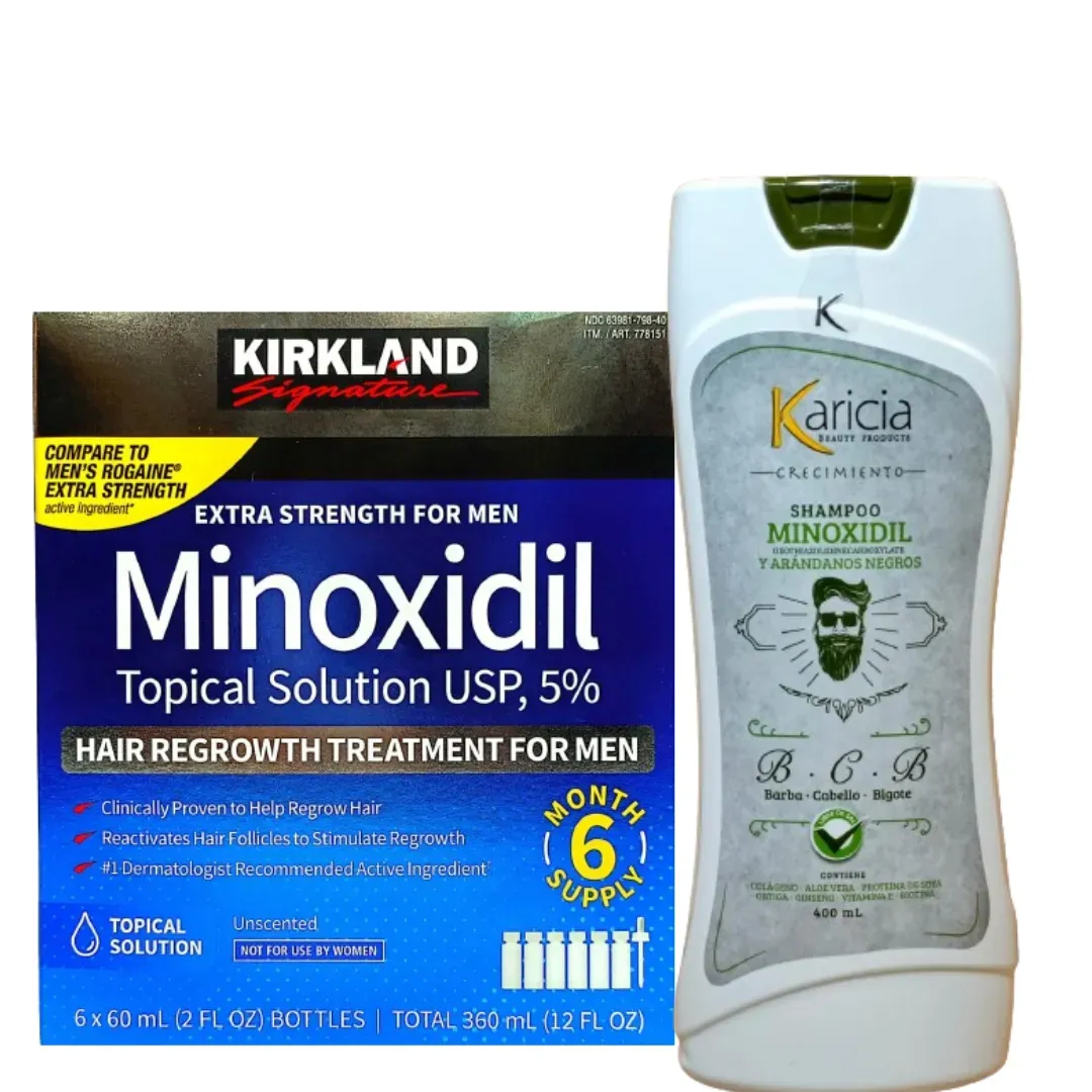 Caja Minoxidil 5% Kirkland x 6 Und+ Shampoo Anti Caida con Minoxidil Karicia