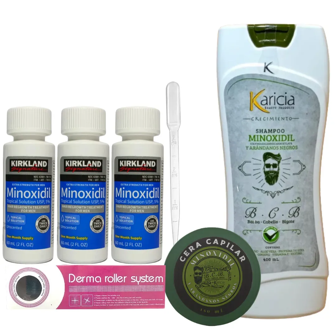 Caja Minoxidil Kirkland + Dermaroller  + Shampoo Anti Caida Karicia + Crema para Peinar con Minoxidil