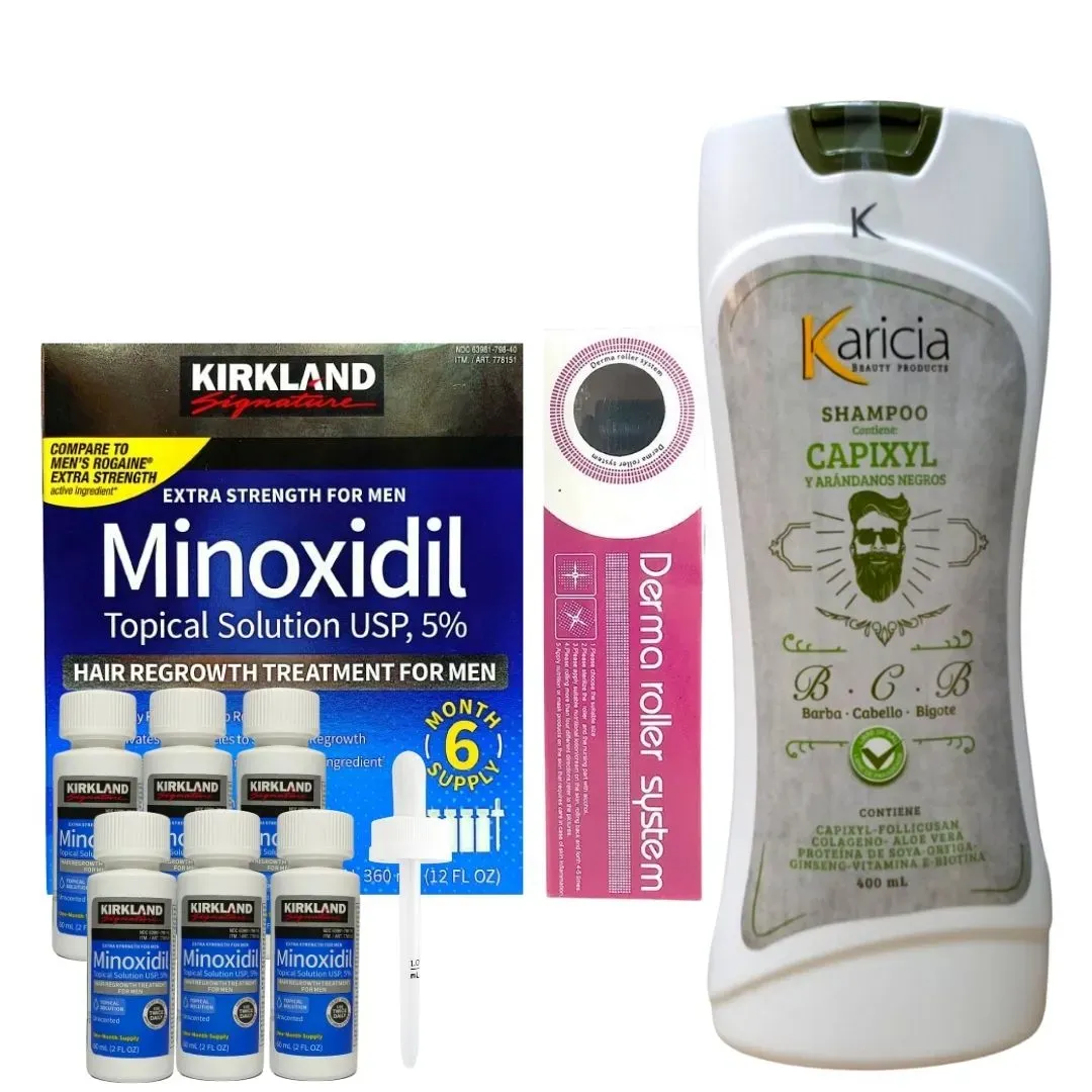 Kit Crecimiento Caja Completa minoxidil 5% + 1 dermaroller + 1 Shampoo Anti caída  Karicia H