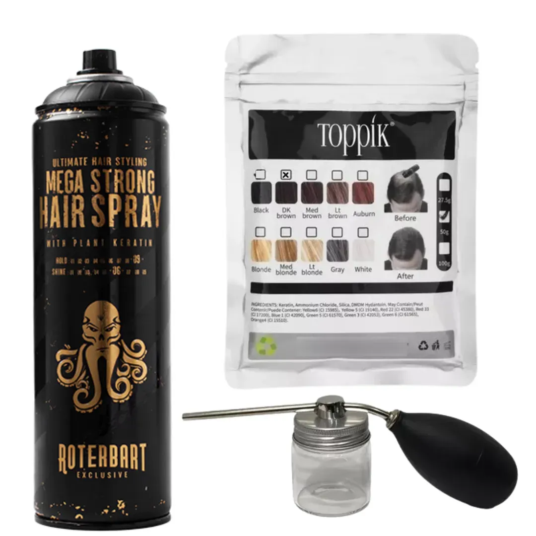 Kit Fibras Capilares Castaño Oscuro Toppik Bolsa + Aplicador + Fijador