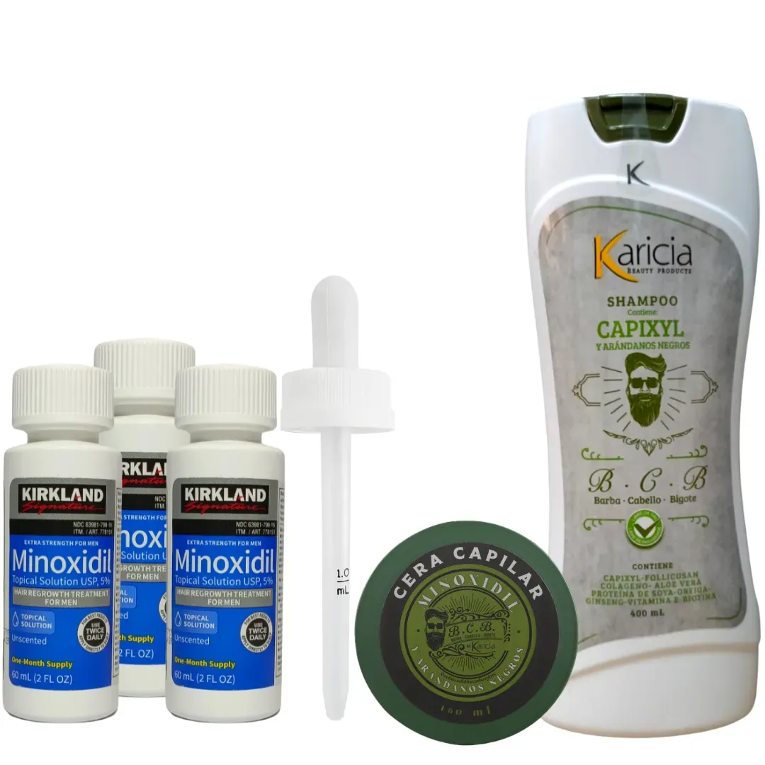 3 Und Minoxidil 5% Kirkland + Shampoo Anti Caida Karicia +  Crema para Peinar con Minoxidil