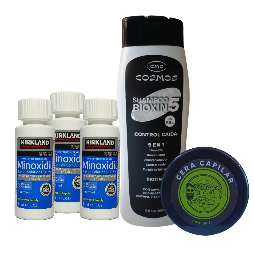 Kit Crecimiento 3 minoxidil 5% + Cera Moldeadora Peinado +1 Shampoo Crecimiento Bioxin 5