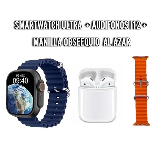 Smartwatch Ultra Azul+ Audífono Bluetooth I12: Tu Combo Perfecto Para El Estilo Y La Conectividad