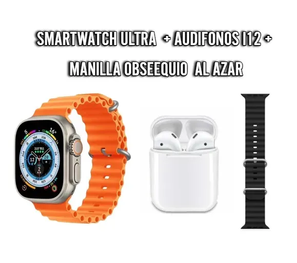 Smartwatch Ultra Naranjado+ Audífono Bluetooth I12: Tu Combo Perfecto Para El Estilo Y La Conectividad