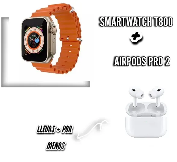 Reloj Inteligente T800 Ultra En Color Naranja Con Los Populares AirPods Pro 2 Con Cancelación Activa De Ruido