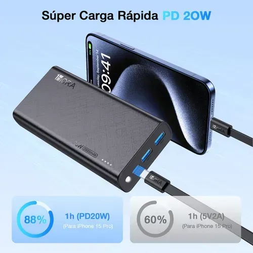 Power Bank Batería Portátil 20000mah Pd 20w Carga Rápida 1hora Gar158 Con 2 Puertos Usb Entrada/salida Tipo C Con Linterna Incorporado De Luz Fuerte