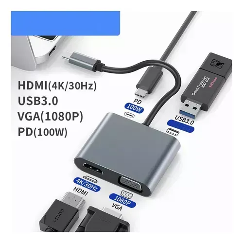 Adaptador Usb C Hub 4 En 1 Hdmi 4k  Vga  Tipo C  Usb 3.0