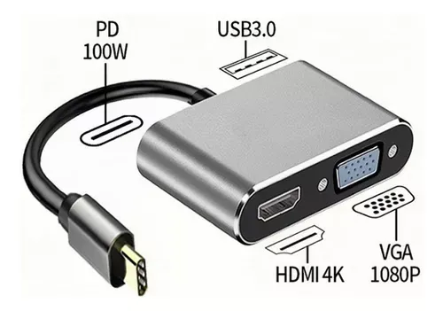 Adaptador Usb C Hub 4 En 1 Hdmi 4k  Vga  Tipo C  Usb 3.0