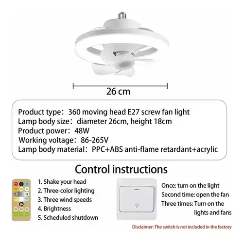 Bombillo Ventilador Giratorio 60w Luces Led 5 Aspas+ Control