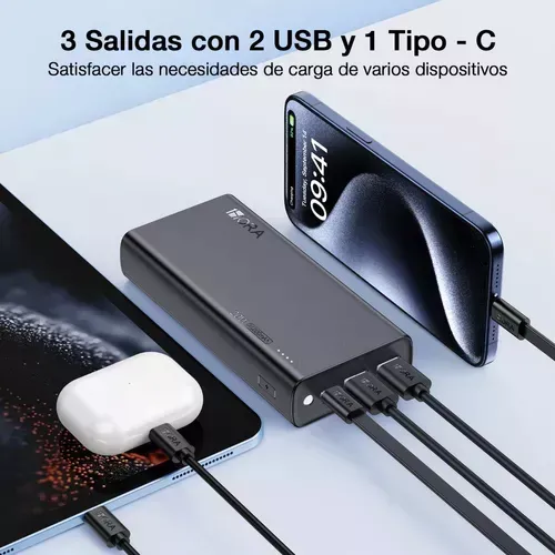 Power Bank Batería Portátil 20000mah Pd 20w Carga Rápida 1hora Gar158 Con 2 Puertos Usb Entrada/salida Tipo C Con Linterna Incorporado De Luz Fuerte