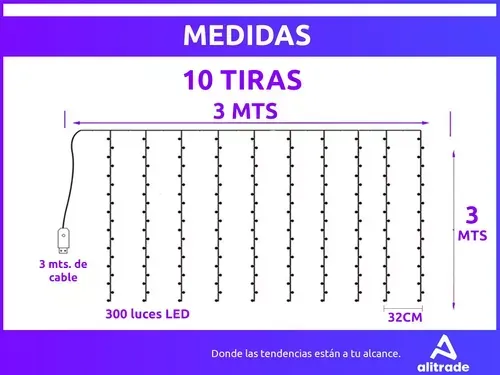 Cortina Led 300 10 Tiras Usb Control Efectos 3x3m Luz Cálida 3V