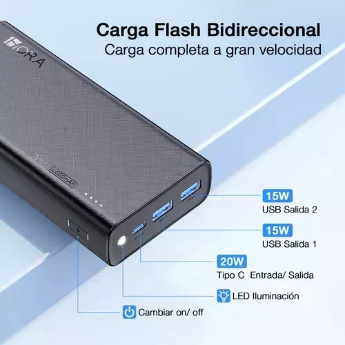 Power Bank Batería Portátil 20000mah Pd 20w Carga Rápida 1hora Gar158 Con 2 Puertos Usb Entrada/salida Tipo C Con Linterna Incorporado De Luz Fuerte