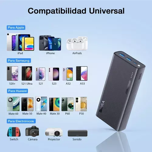 Power Bank Batería Portátil 20000mah Pd 20w Carga Rápida 1hora Gar158 Con 2 Puertos Usb Entrada/salida Tipo C Con Linterna Incorporado De Luz Fuerte