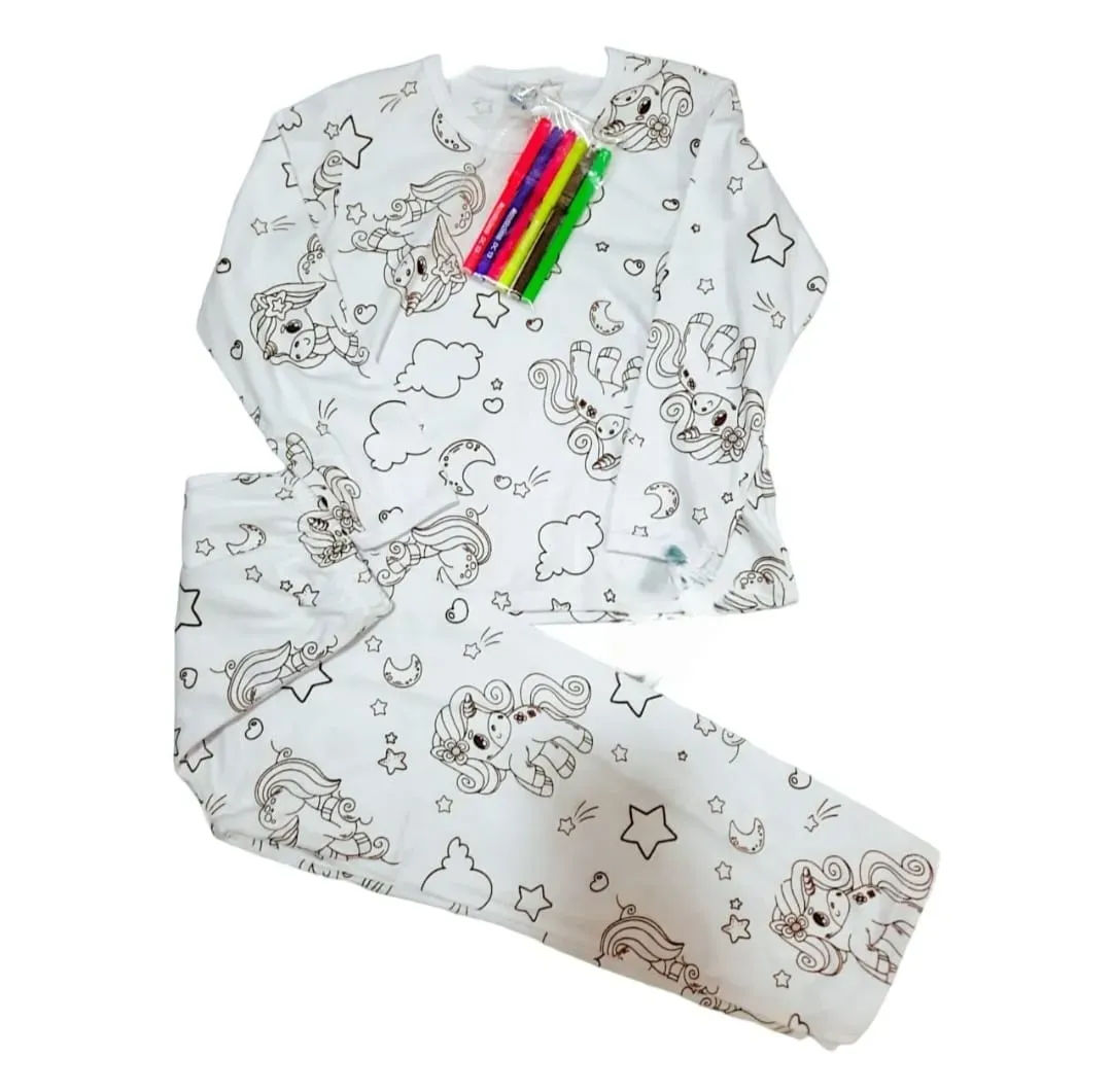 Pijama Colorear Luminosa Unicornio Niña Manga Larga