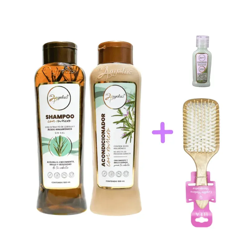 Kit Champú y Acondicionador Romero + Cepillo de Madera + Mini ANYELUZ