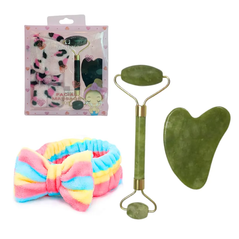 Kit Rodillo De Jade + Piedra Gua Sha + Balaca