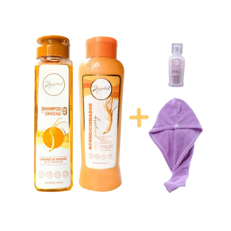 Dúo de Champú y Acondicionador Ginseng + Toalla de Microfibra + Mini ANYELUZ