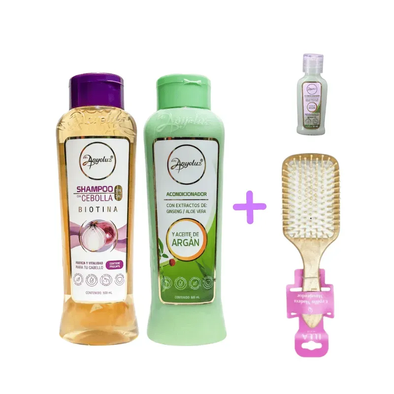 Kit Champú Cebolla + Acondicionador Aloe + Cepillo de Madera + Mini ANYELUZ