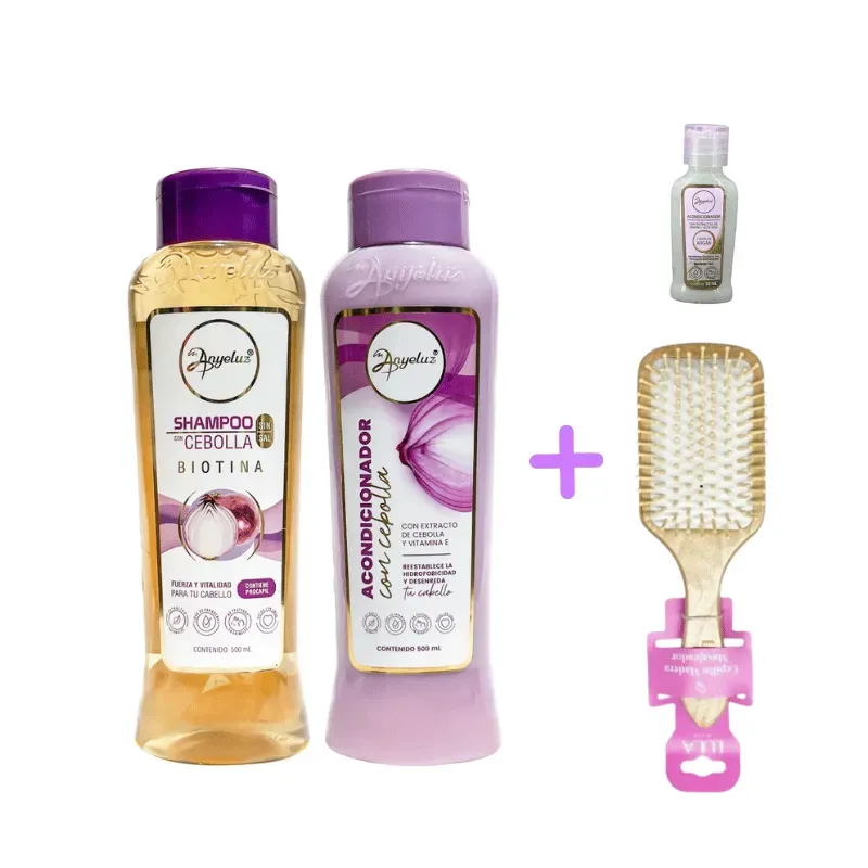 Kit Champú y Acondicionador Cebolla + Cepillo de Madera + Mini ANYELUZ