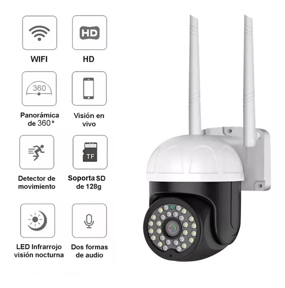 Cámara de Seguridad Exterior Domo PTZ 2MP | Visión 360° | Detección de Movimiento | WiFi | V380PRO